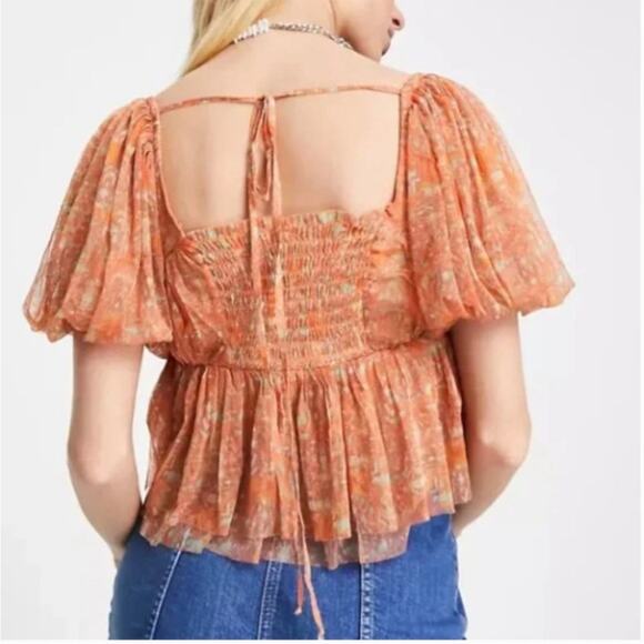 Free People Penelope Printed Smocked Peplum Top Orange Size L - Picture 2 of 8